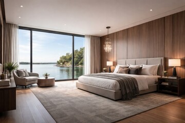 Fototapeta premium Upscale modern bedroom interior with water view and copy space for design