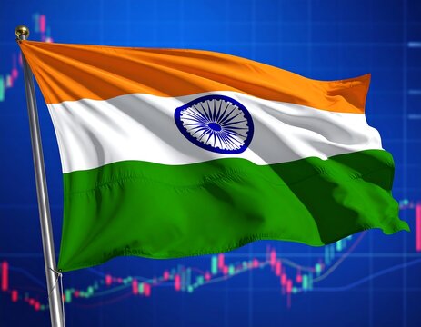 A vibrant Indian flag waving proudly on a pole against a blurred backdrop of a financial chart with fluctuating stock prices