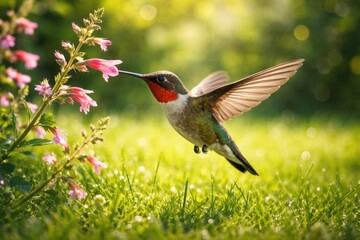 Obraz premium Happy small pet hummingbird flying over green grass lawn collecting nectar on a sunny summer day full length
