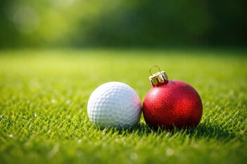 Naklejka premium Two seasonal objects including a golf ball and ornament on lush green grass copy space included