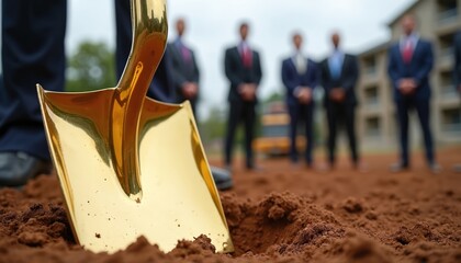 Obraz premium Golden shovel in dirt marks new construction. Businessmen in suits attend groundbreaking ceremony. Future building development project starts now. Real estate investment begins.
