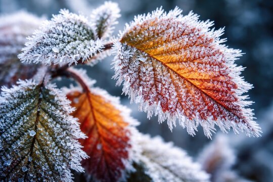 Macro shot of hoarfrost crystallizing on vibrant leaves in freezing conditions