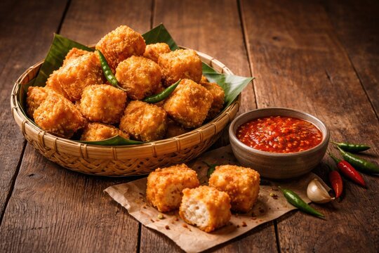 Delicious tahu sumedang snack accompanied by spicy sauce on natural wood surface with copy space