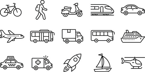 Transportation icon set featuring bicycle walking scooter train car airplane bus truck taxi ambulance ship helicopter rocket outline vector collection © Creative Vector