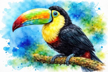 Naklejka premium Watercolor painting of a colorful toucan with an oversized beak on a vibrant blue background