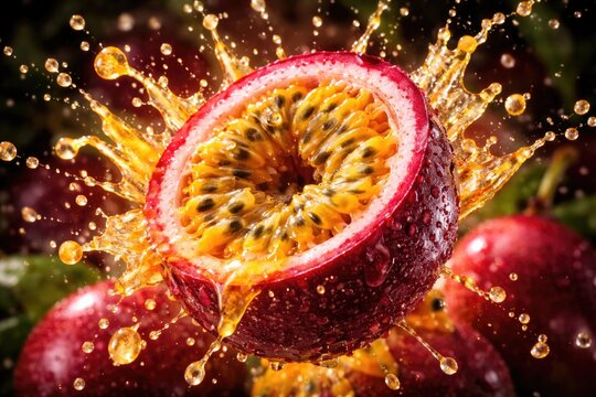 Juicy red passion fruit exploding with fresh juice droplets