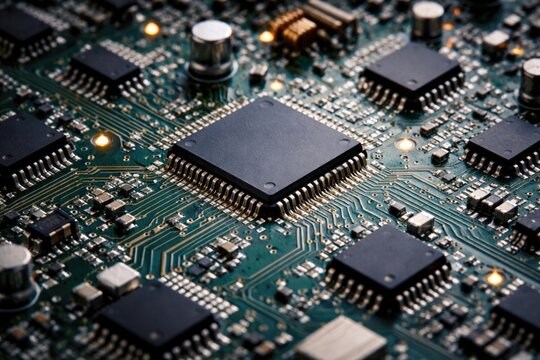 Macro shot of a green PCB showing integrated circuits and parts for electronics tech manufacturing backdrop
