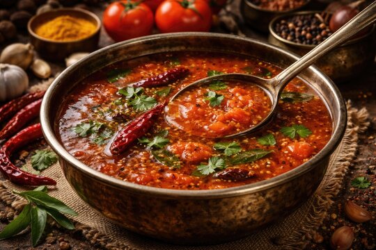 Hot and tangy tomato rasam curry featuring traditional Indian chili and tamarind flavors