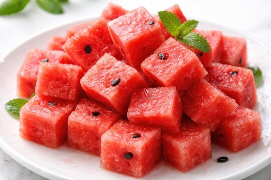 Sharp detailed image of sweet watermelon cubes arranged on clean white