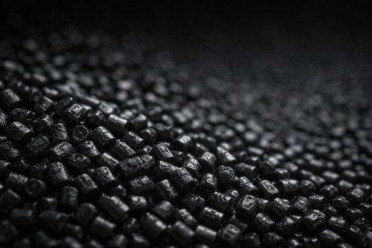Macro shot of textured granulated polyamide 66 black material with large copy space