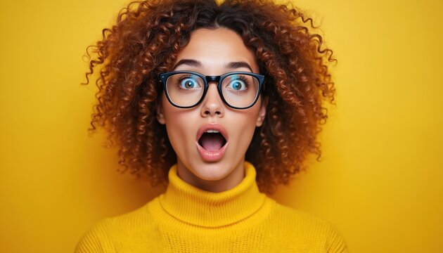Young woman with curly brown hair and glasses has open mouth in surprise. She wears a yellow turtleneck sweater and looks directly forward with wide eyes against a yellow backdrop.