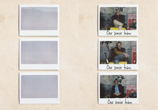 Three Wide Polaroids on a Light Stone Surface. PSD Template Mockup.