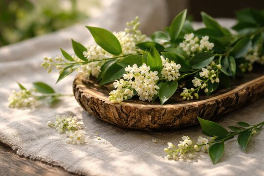 Natural beauty samples featuring woodcut ruscus blooms in gentle sunlight with copy space