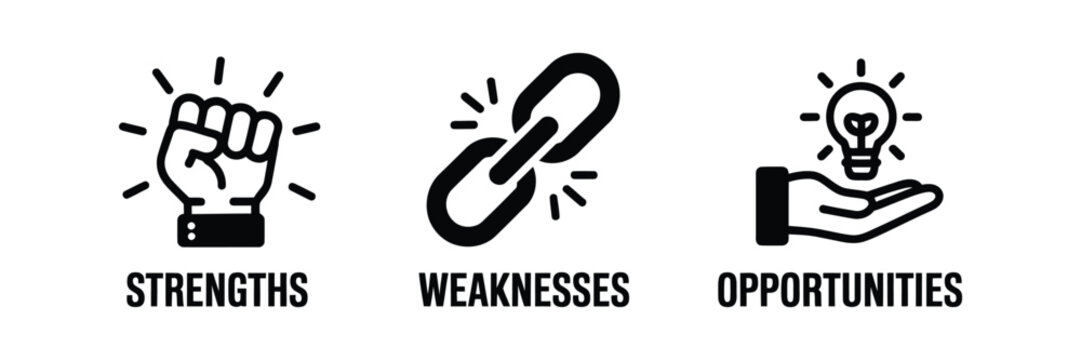 SWOT analysis business icons for strengths weaknesses opportunities