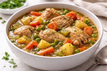 Fototapeta premium Savory chicken stew packed with tender meat and garden vegetables presented in a white bowl on a spotless background