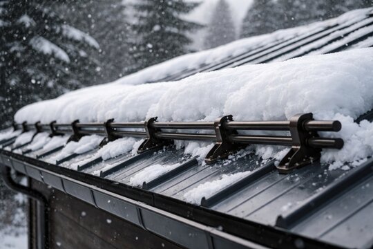 Snow guards installed on metal roofs to stop snow sliding during winter