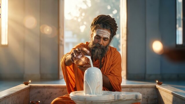 Hindu Sadhu Performing Marble Shivling Milk Abhishek