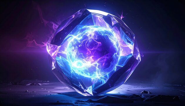 A pulsating spherical quantum processor visualized as a core of pure energy within a crystal matrix, representing futuristic technology and computational power.