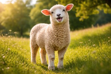 Obraz premium Happy pet sheep enjoying a sunny summer day in a green grass meadow with full length view