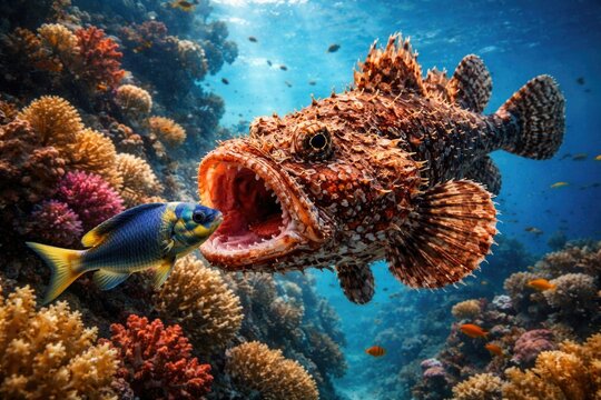 Scorpionfish hunting near vibrant coral reef