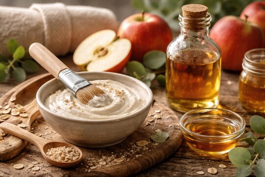 Creative homemade hair and face mask with apple vinegar and natural brush