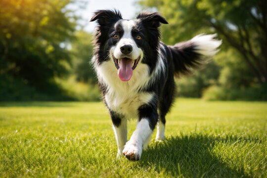 Joyful border collie pet exploring full length view on lush green grass lawn on a bright summer day
