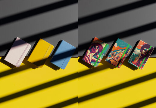 Pink, blue and yellow front book covers with elastic band. PSD template mockup.