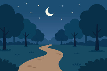 Naklejka premium Night forest landscape with winding path, trees, crescent moon and starry sky vector illustration.