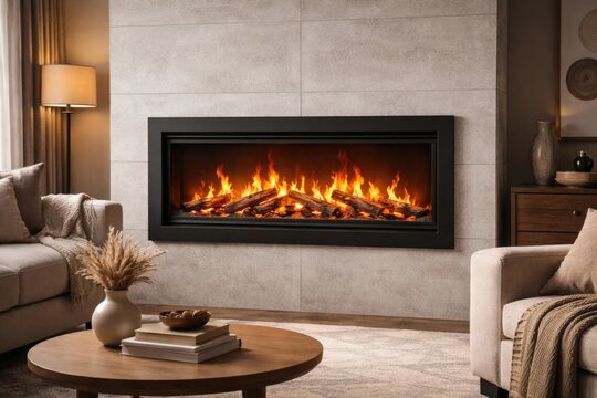 Black framed electric fireplace with lifelike flames enhancing warmth in modern living space