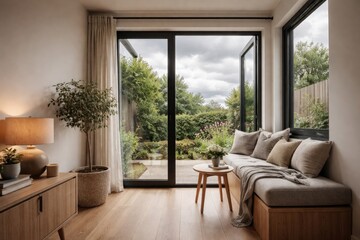 Fototapeta premium Modern home extension featuring a renovated small room with a fresh window and cloudy day outlook