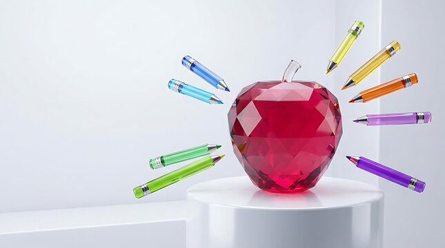 Creative crystal red apple on podium surrounded by floating colorful glass pencils on white background