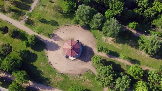 Top-down aerial view of a park gazebo and trees