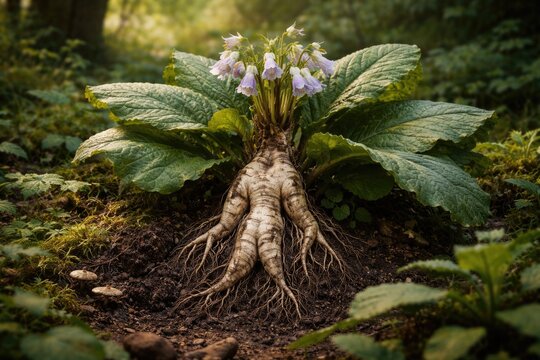 Natural habitat view of Mandragora officinarum featuring vibrant foliage and distinctive root form