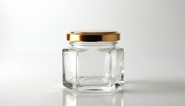 Transparent hexagonal glass jar with shiny gold lid sits on reflective white surface. Empty container is ready for storing food jam honey or spices. Modern design for packaging.