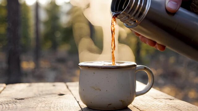 Hot coffee pouring from a thermos into a rustic mug on a wooden table. Thick steam rising in the cool morning air against a blurred forest background. Outdoor camping and hiking lifestyle concept