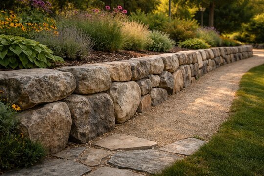 Rough hewn boulders building a solid low retaining wall along a garden walkway