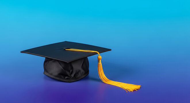 Black graduation cap with golden yellow tassel on vibrant blue and purple gradient background
