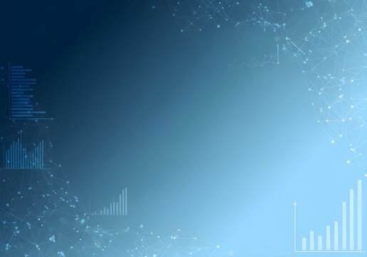 A blue background with various graphs and charts, including bar graphs and network connections in a futuristic design