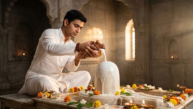 White Marble Shivling Milk Abhishek &ndash; Young Devotee Ritual