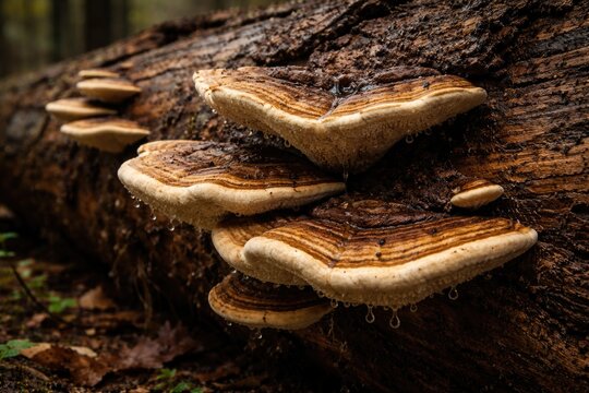 Close up view of polypore fungi thriving on decaying fallen tree bark