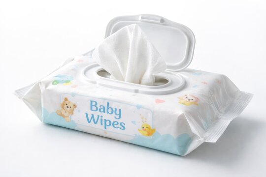 Open pack of baby wet wipes with label and plastic bag on white background