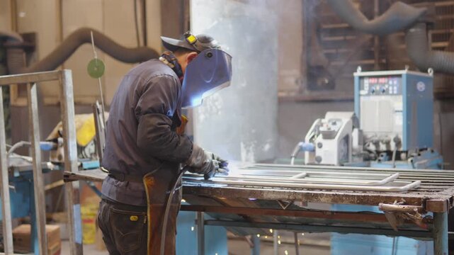 Factory worker wearing protective mask and uniform performing industrial welding work on metal frame inside a manufacturing workshop, generating bursts of bright sparks and smoke
