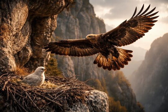 Golden Eagle Soaring Near Cliffside Nest with Eaglet at Dusk