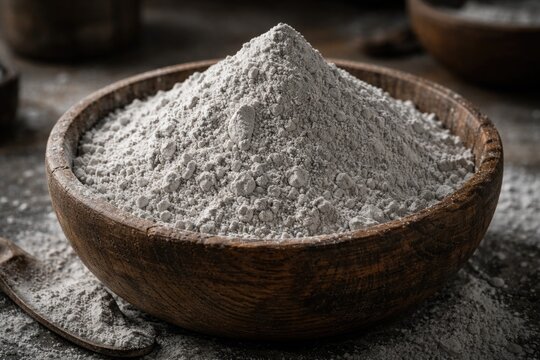 Close up of powdered titanium dioxide with fine gray texture in a rustic wooden bowl for industrial pigment use