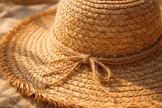 Close up view of woven straw hat featuring raffia fibers and summer mood texture