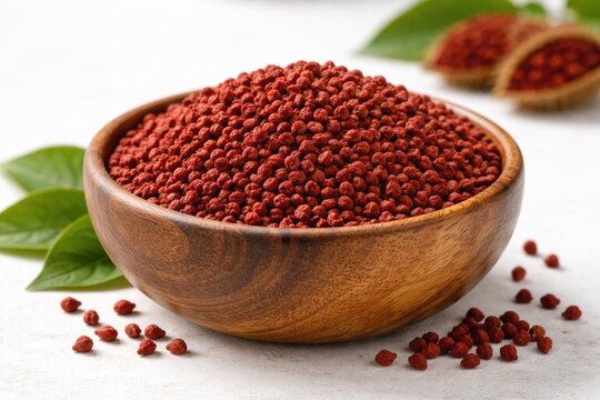 Organic annatto seeds displayed in a handcrafted wooden bowl against white setting