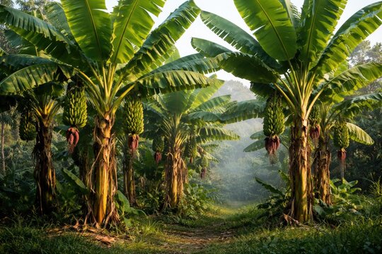 Tall mature saba banana plants showcasing vibrant foliage