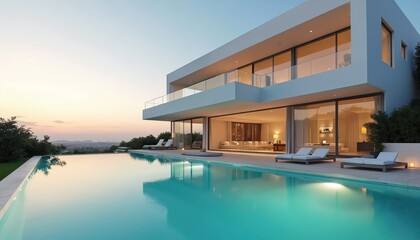 Fototapeta premium Modern villa with infinity pool overlooks city lights at sunset. White cubic architecture with glass walls and outdoor lounge chairs. Luxury home design with garden landscaping.