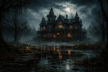 Obraz premium Eerie concept illustration of a haunted mansion surrounded by marshland