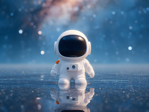 魔法のような銀河、星、小さな地球が広がる宇宙を浮遊するかわいいちびアニメ宇宙飛行士、夢と探検のコンセプト